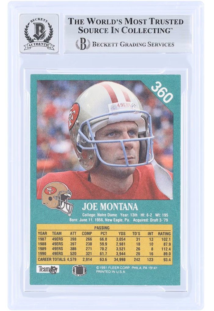 Joe Montana Signed 1991 Fleer #360 San Francisco 49ers Trading Card BAS ...