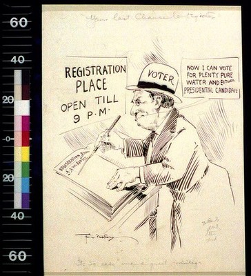 1908 Voting Registration Cartoon Man at Registration Place Open Till 9 PM