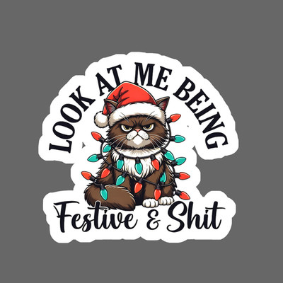 Cat sticker vinyl decal festive lights Christmas cat funny holiday quote art