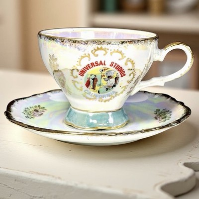 VTG Universal Studios California Teacup & Saucer Set Luster Iridescent Gold Trim