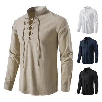 Men's Cotton Linen Shirt Lace-up Vintage Casual Long Sleeve Tee Medieval Top!