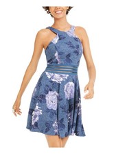 City Studio Womens Floral Glitter Halter Dress Blue 1