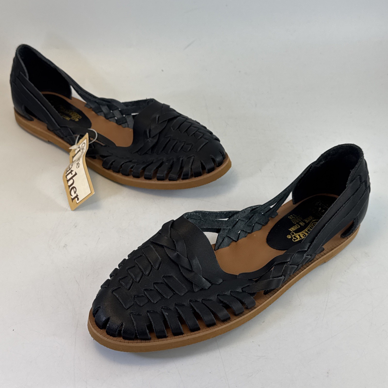 Women’s Black Leather Huarache Sandals Size 8.5 Woven Flats New NOS