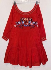 Free People Womens Off shoulder Embroidered Dress Medium Red Floral Shift Mini