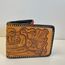 Vintage Floral Tooled Leather Wallet Western Design Bifold with Coin Pocket