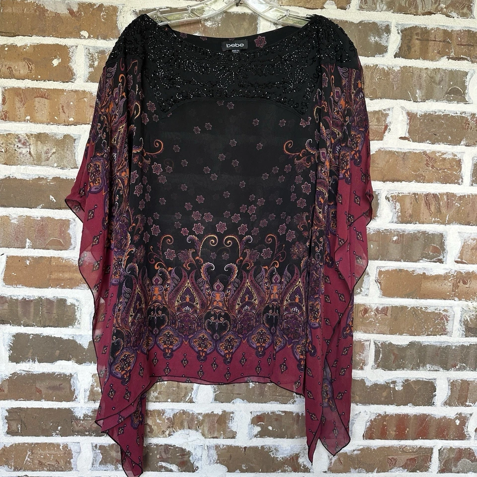 De Colección Bebe 100% Seda Top Grande M/L Manga Kimono Cuentas Acento Rojo Negro Y2K Foto 3 de 4