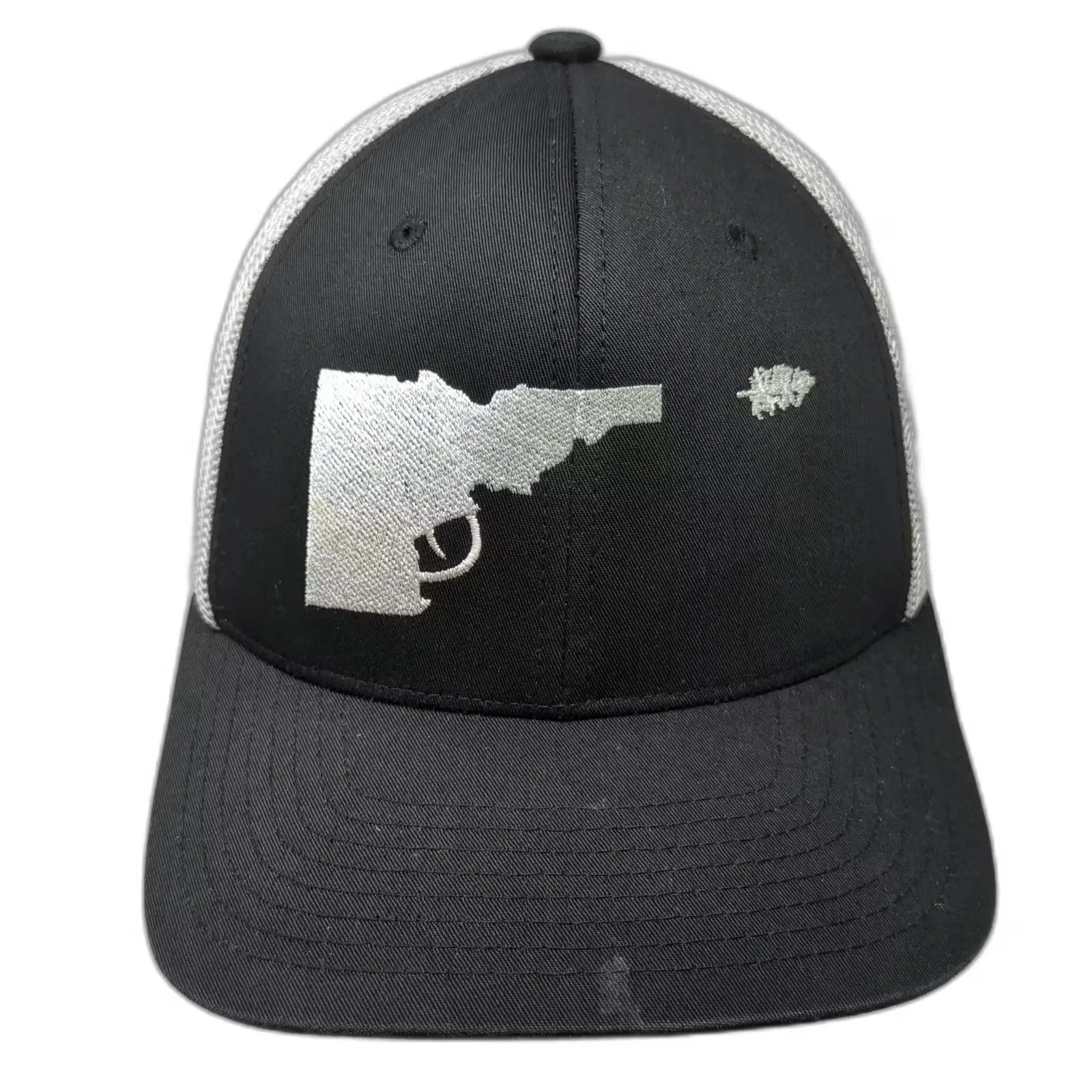 Flexfit Baseball Cap Black White One Size Mesh Embroidered Pistol Yupoong