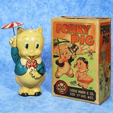 1939 PORKY PIG in RARE BOX Wind Up Tin Toy by MARX Nice 