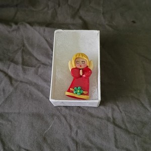Handmade Clay Angel Pin Red Dress Yellow Hair Guardian Angel Pin
