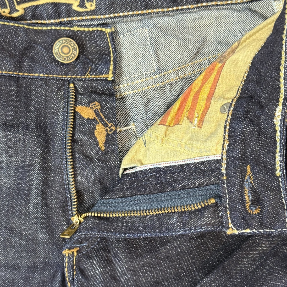 ROBIN'S JEANS Men's Leather Chevron Raw Denim Dark Blue Jean Jeans
