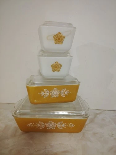 PYREX - 8 pc. Gold & White BUTTERFLY GOLD Refrigerator, Lid Set - #501, 502, 503