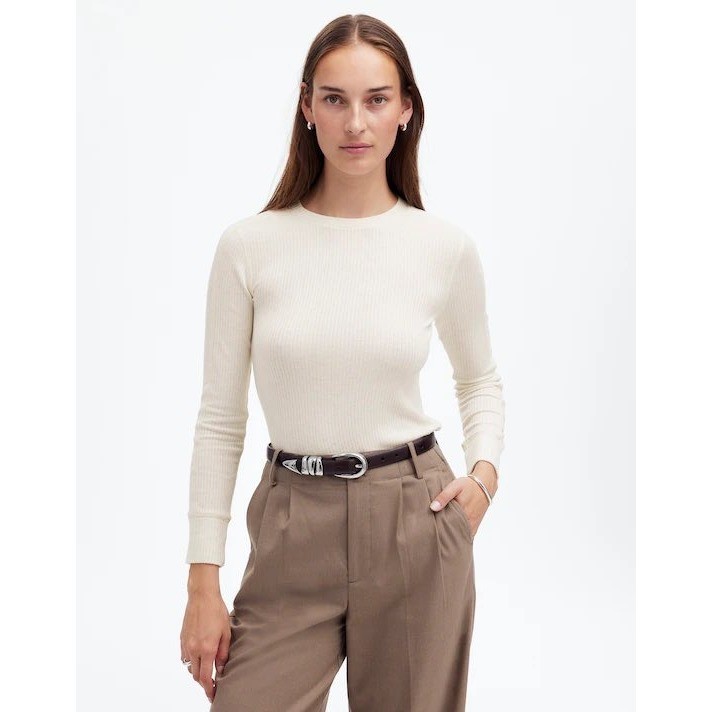 Madewell Womens Ribbed Long Sleeve Crew Neck Top Heather Cream NT761 XXS NEW