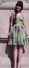 Trashy Diva Olivine Floral xs Green Dress 1950s Pinup Vintage Retro Swing Tea