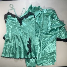 Vintage Frederick's of Hollywood Green Satin Black Lace Nighty Robe w/belt