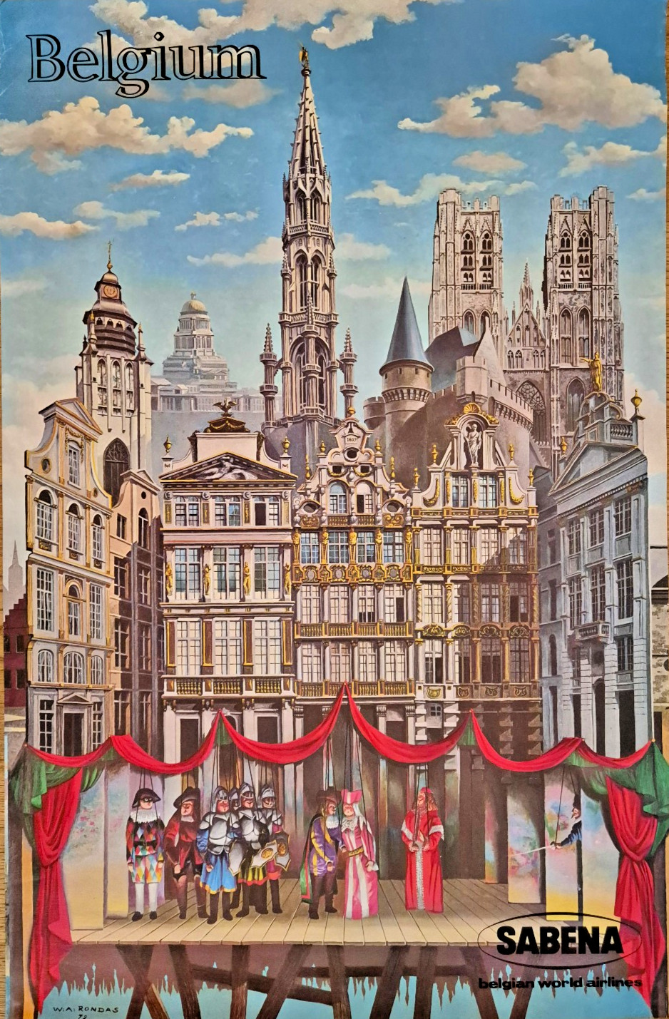 🟦 SABENA – Affiche originale – Illustration Rondas – 100 × 65,5 cm - 1972