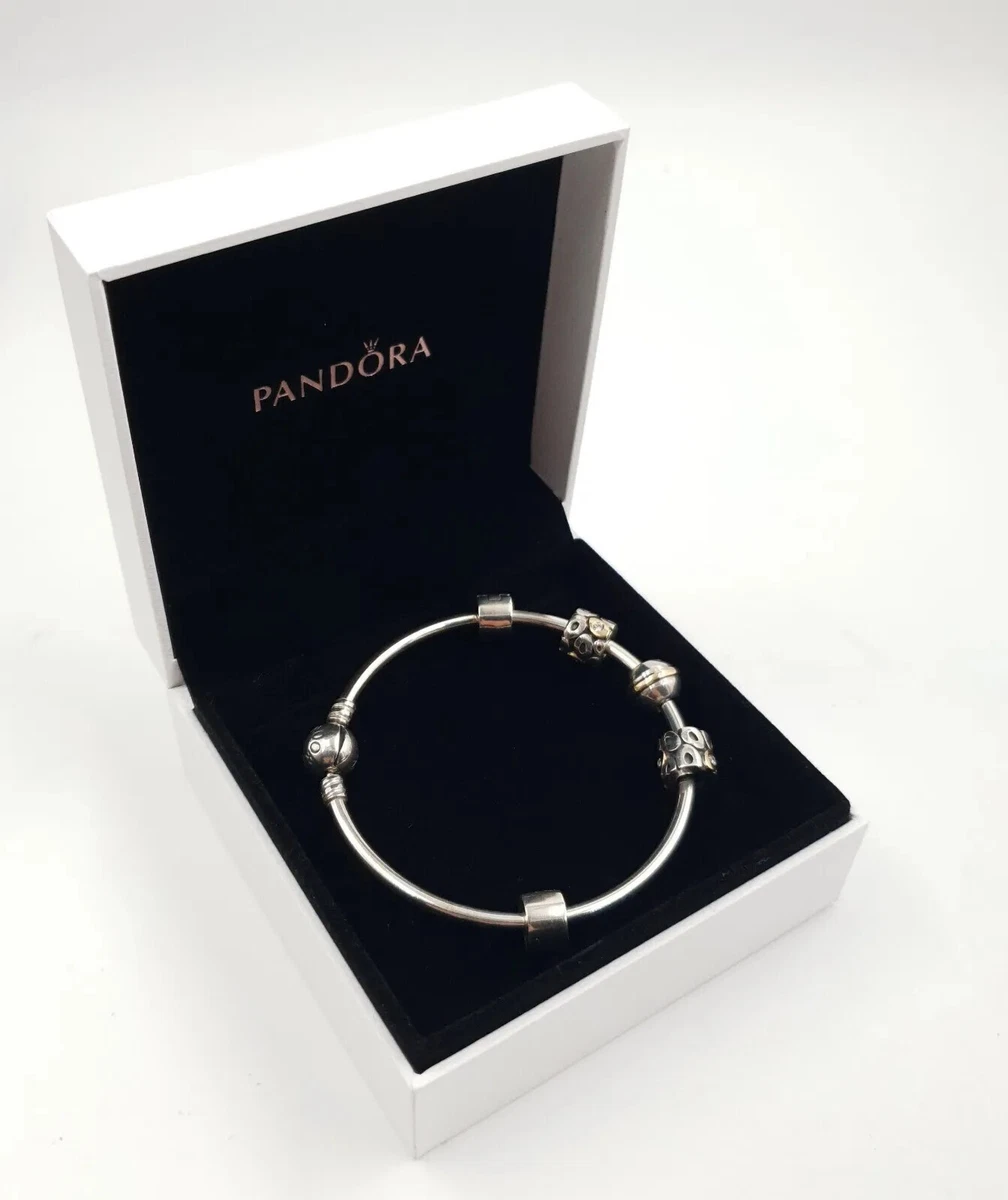 Pandora Moments Bangle Oh My Charm X2 Saturn Charm 14kt Gold Box Sterling Silver