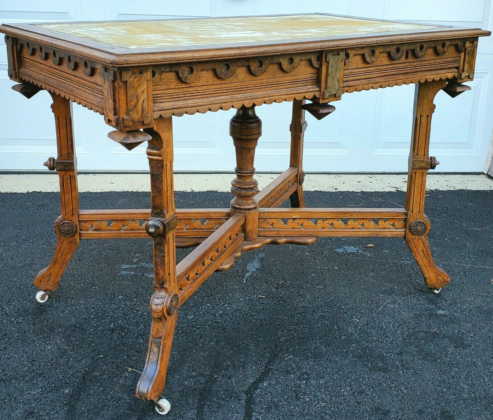Antique Eastlake Victorian Carved Walnut Burl Wood Table with Drawers No Top 