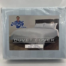 MyPillow 3 Pcs Duvet Set 400 TC 100% Giza Cotton Full/Queen Light Blue Stripe