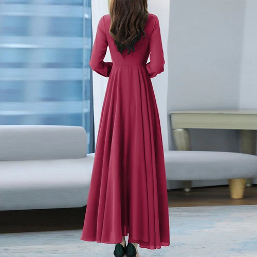 Damen Langarm O-Ausschnitt Swing Kleid Abend Ballkleid Mode Langes Maxikleid - Bild 6 von 21