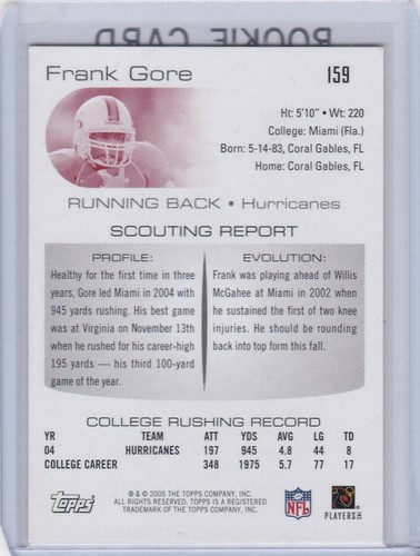 FRANK GORE ROOKIE CARD 2005 Topps Draft Picks RC Football San Francisco 49ers - Picture 2 of 2