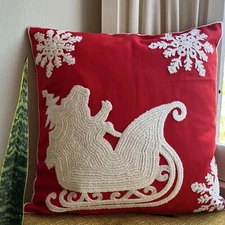 NEW Embroidered Santa and Sleigh Christmas Holiday Throw Pillow Cover