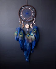 Handmade Navy Celestial Dream Catcher with Moon Phases  | Peacock dreamcatcher