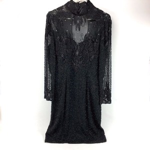Black-Tie-Oleg-Cassini-100-Silk-Black-Beaded-Long-Sleeve-Dress-Size-12-Zipper