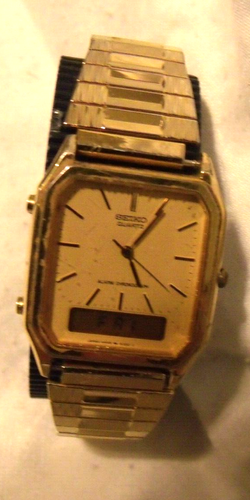 Seiko H449-5219 Chronograph Alarm Watch Quartz Gold Tone- New Battery \u0026  Band 7\