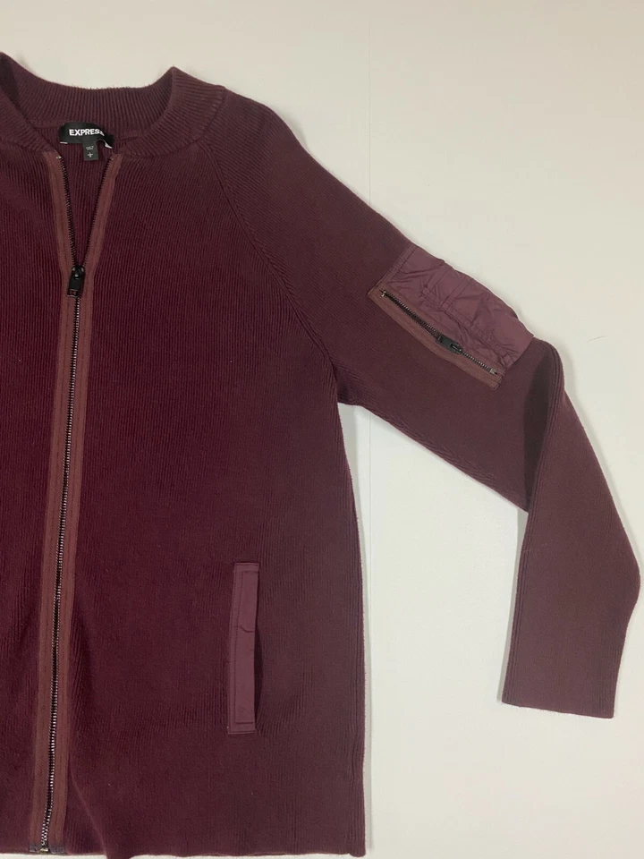 Express Sweater Mens Large red stretch full zip burgundy pockets - Image 2 of 4