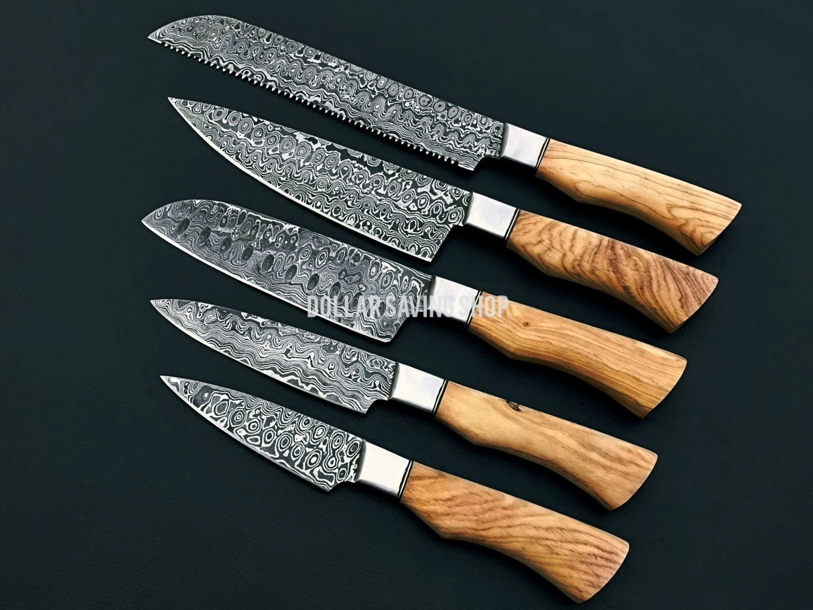 Marvelous Custom Handmade Damascus Steel 5 Pcs Chef Set with Leather Sheath.