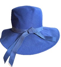 Woman  s Navy Blue Linen M Hat Beach Sun Costume Church Wide Graduated Brim