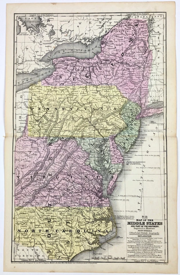 1852 Map  NORTH CAROLINA  VIRGINIA  NEW JERSEY  PENNSYLVANIA Original (17x10) - Image 2 of 4