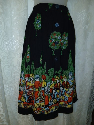 Vintage 60s Arabian Nights Novelty Boarder Print Rayon Button Down Skirt L MCM - Picture 4 of 11