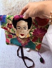 Bolso sin asas bordado Frida Kahlo bandolera de lona floral bolsa de arte popular boho