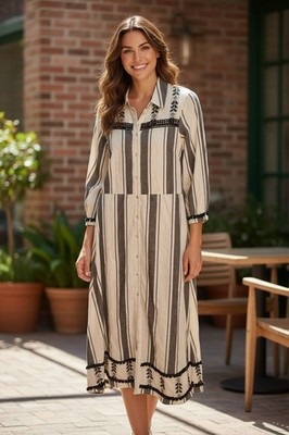 Frogbox Damen Kleid 3/4 Arm Freizeitkleid mit Stickereien grau/schwarz/weiß