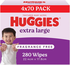Baby Wipes Extra Large Textured Fragrance Free 280 Count (4 X 70 Pack) - Packagi