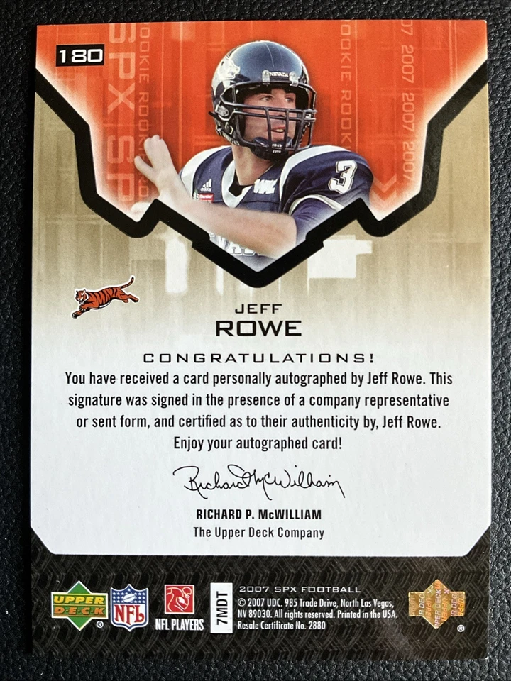 2007 SPx - Auto Rookies Jeff Rowe #180 Gold /199 (AU, RC) - Image 2 of 2
