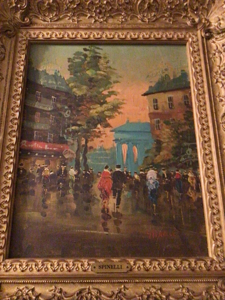 Pintura al óleo sobre lienzo de escena parisina firmada Spinelli marco ornamentado 20 X 17 Foto 2 de 4