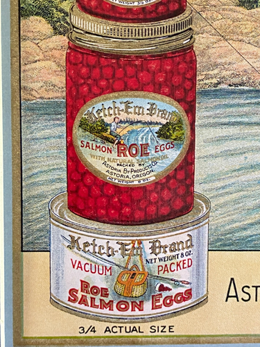 1920s PESCA: UOVA DI SALMONE KETCH-EM antica cassa opaca etichetta ASTORIA, OREGON - Foto 3 di 4