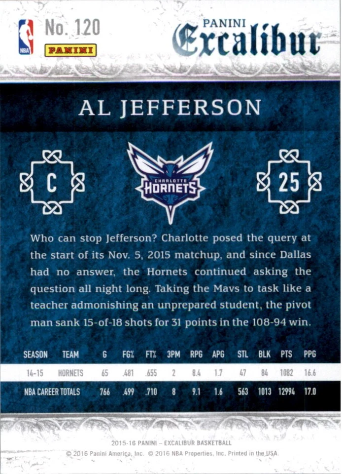 2015-16 Panini Excalibur Light Blue #120 Al Jefferson - BSK - Image 2 of 2