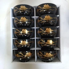 Japanese Wooden Soup Bowls Set of 10 Plum Blossom Motif Lacquer Style Vintage