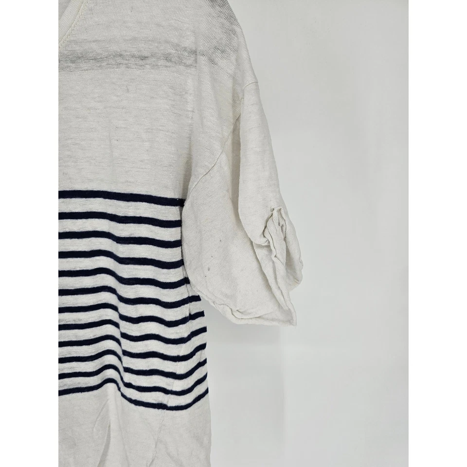 Camiseta J Crew Mujer Talla M Manga Corta Lino Blanco Azul Rayas Foto 2 de 4
