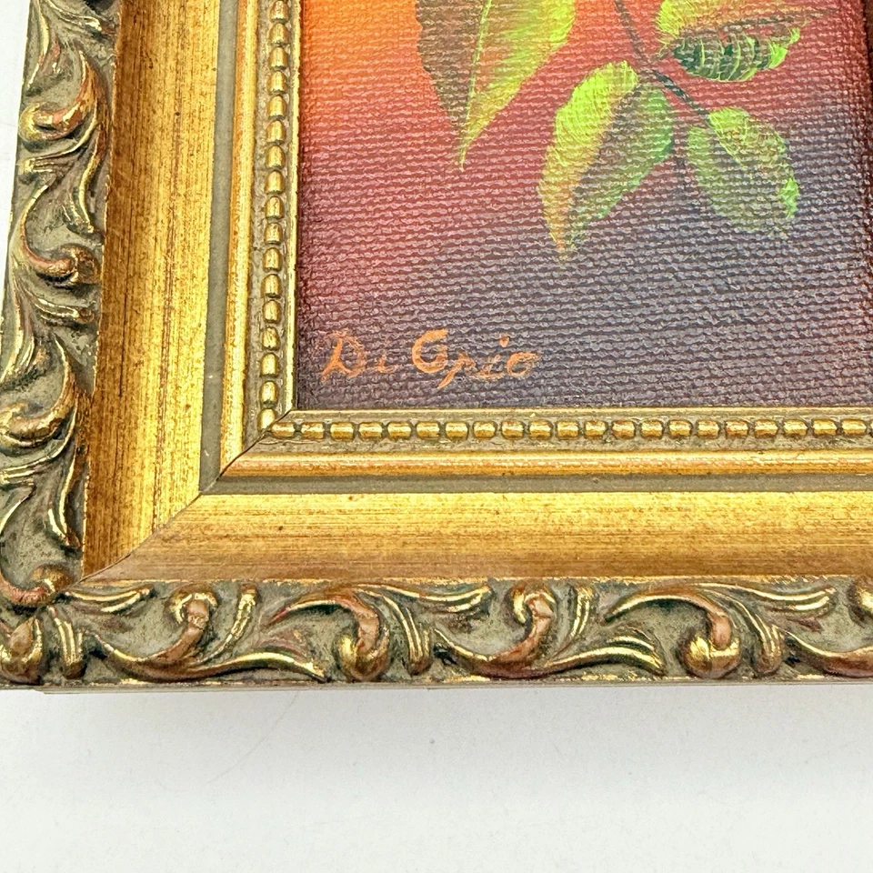 Pintura al óleo rosa roja ornamentada madera marco dorado miniatura firmada Foto 2 de 4