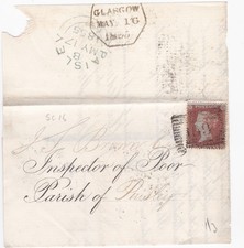 1855 QV FINE 1d PENNY RED STAMP ON GLASGOW HALF LETTER TO PAISLEY INSPECTOR