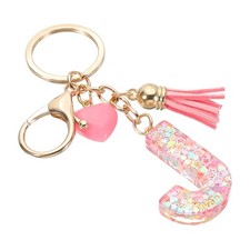 Initial Letter Keychain, Letter J Heart Design Charm with Tassels, Pink