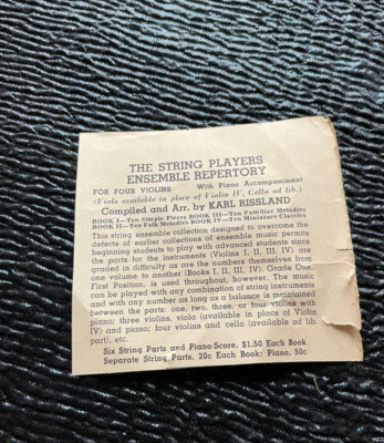 String Players Ensemble Repertory Karl Rissland Small Ad Etude Magazine Jan 1941