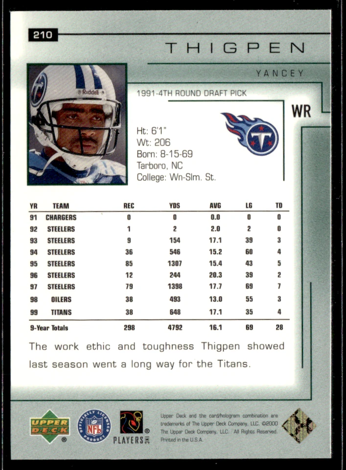 2000 Upper Deck Encore - Yancey Thigpen #210 - Image 2 of 2