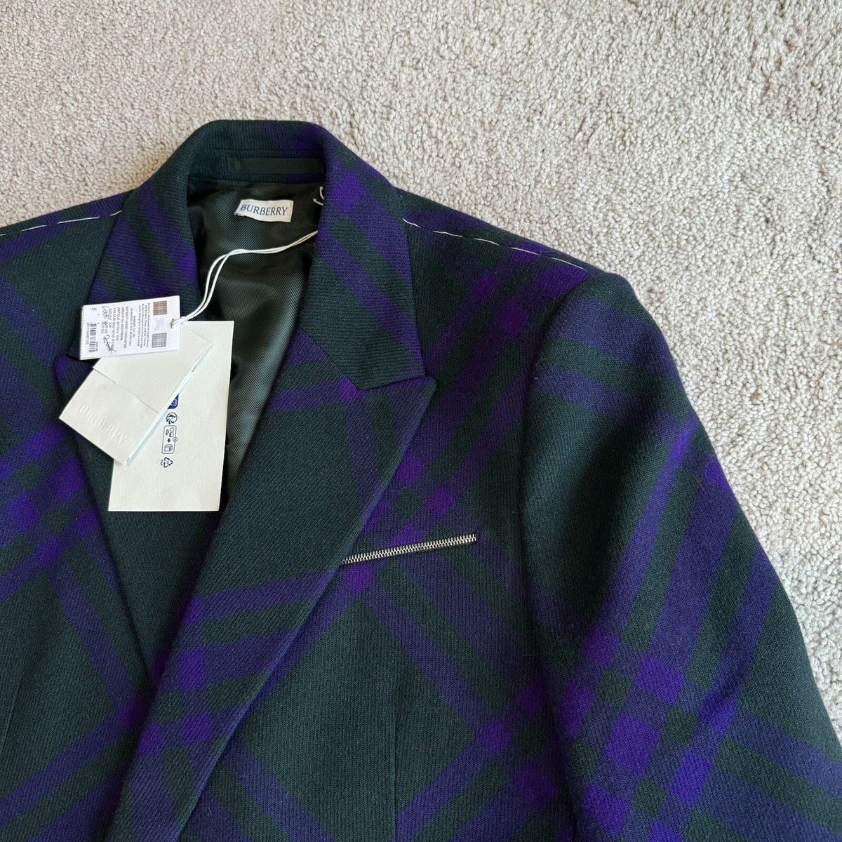 Burberry Wool Deep Royal Check Green Purple Double Breasted