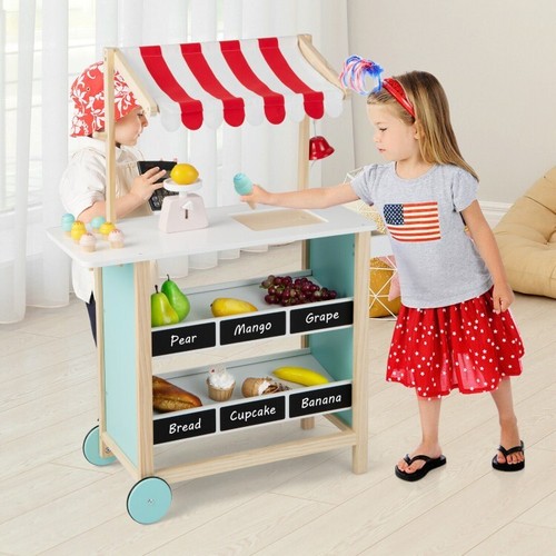 Kids Wooden Ice Cream Cart Toddler Playing Pretend Toy With Chalkboard & Storage - Picture 7 of 11