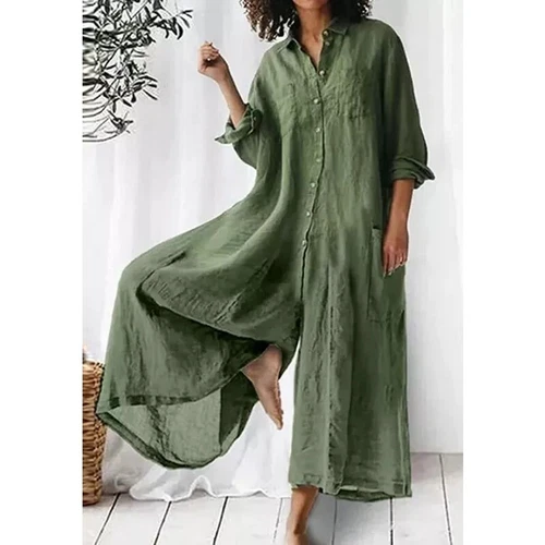 Elegante mono de mujer de lino con botones manga larga pierna ancha pantalones palazzo de playa - Imagen 11 de 52